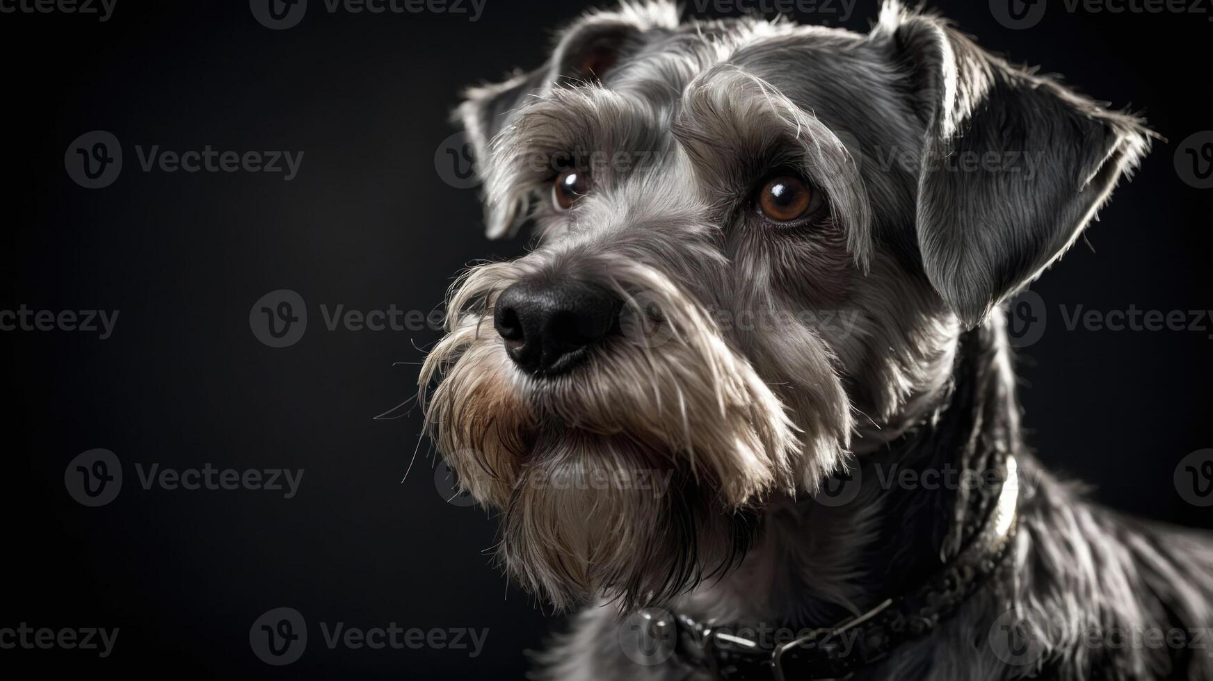A close-up portrait of a Schnauzer dog with expressive eyes against a dark background. photo