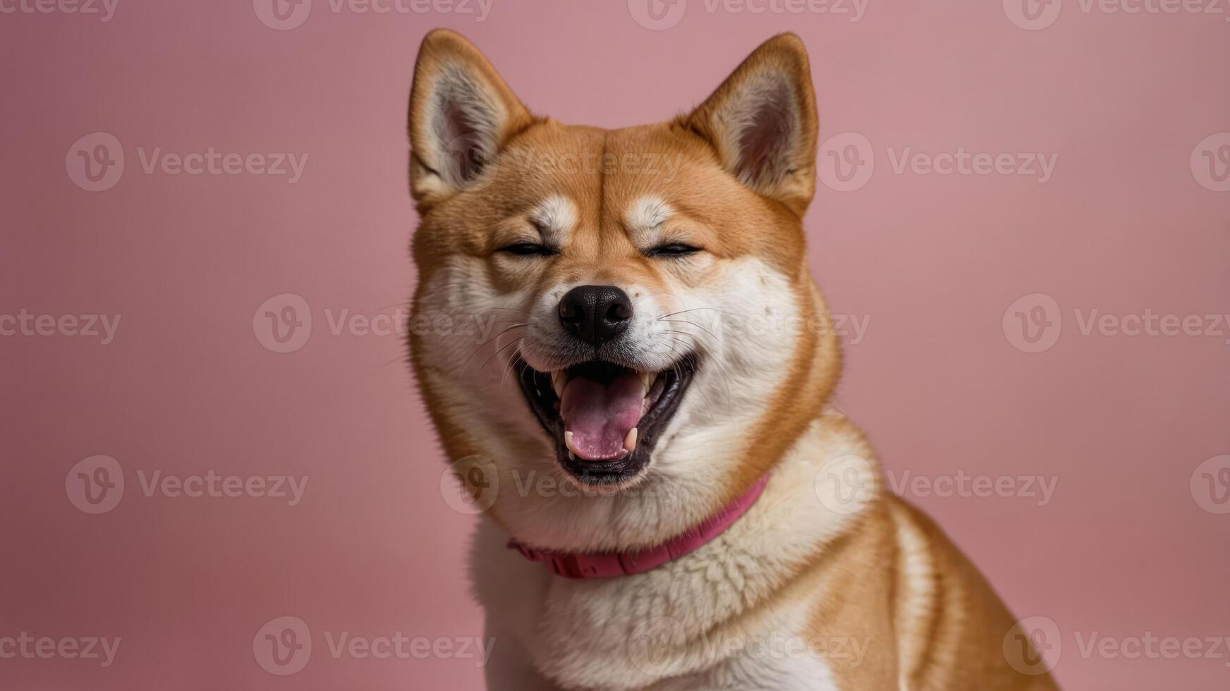 A cheerful Shiba Inu dog smiling against a pink background. photo