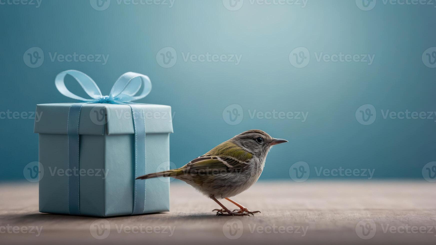 A small bird stands next to a wrapped gift on a wooden surface, creating a whimsical scene. photo