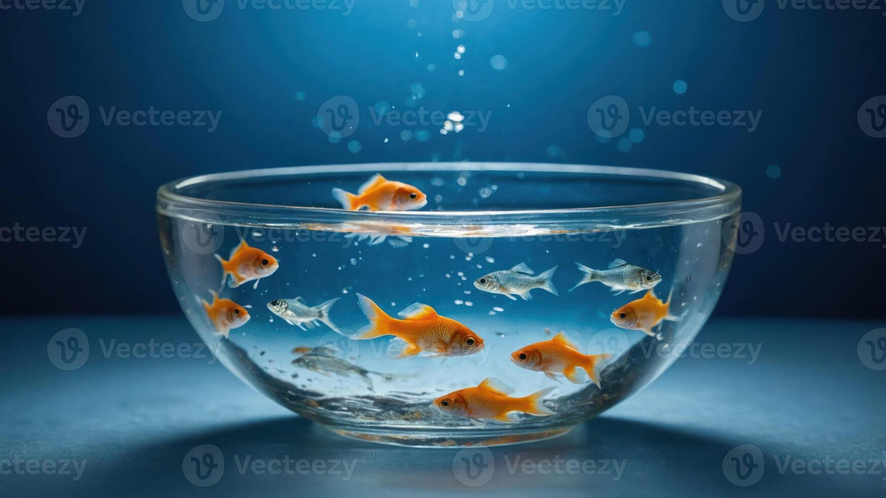 A bowl filled with goldfish and other fish, surrounded by bubbles in a serene setting. photo