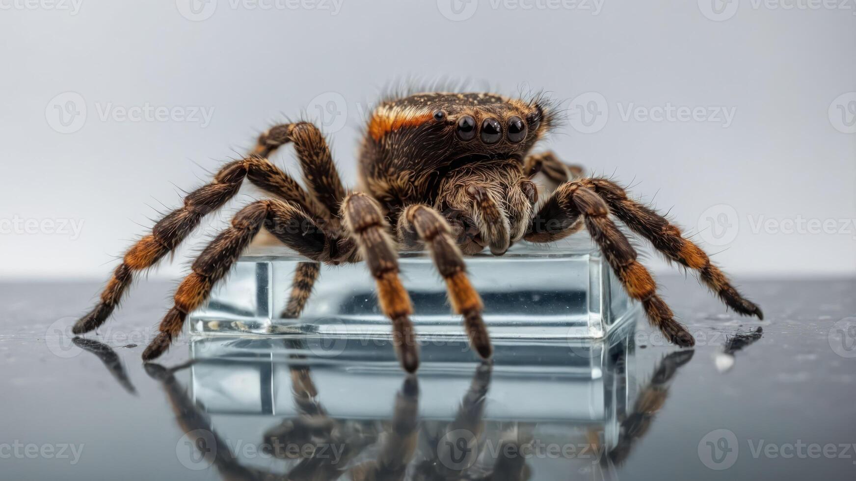 A close-up image of a spider on a glass surface, showcasing its detailed features. photo