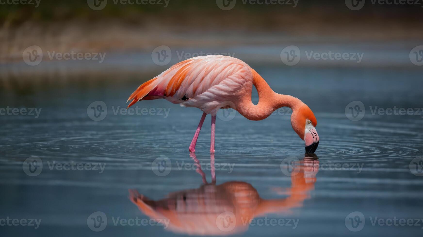 A pink flamingo wading in shallow water, reflecting its image on the surface. photo