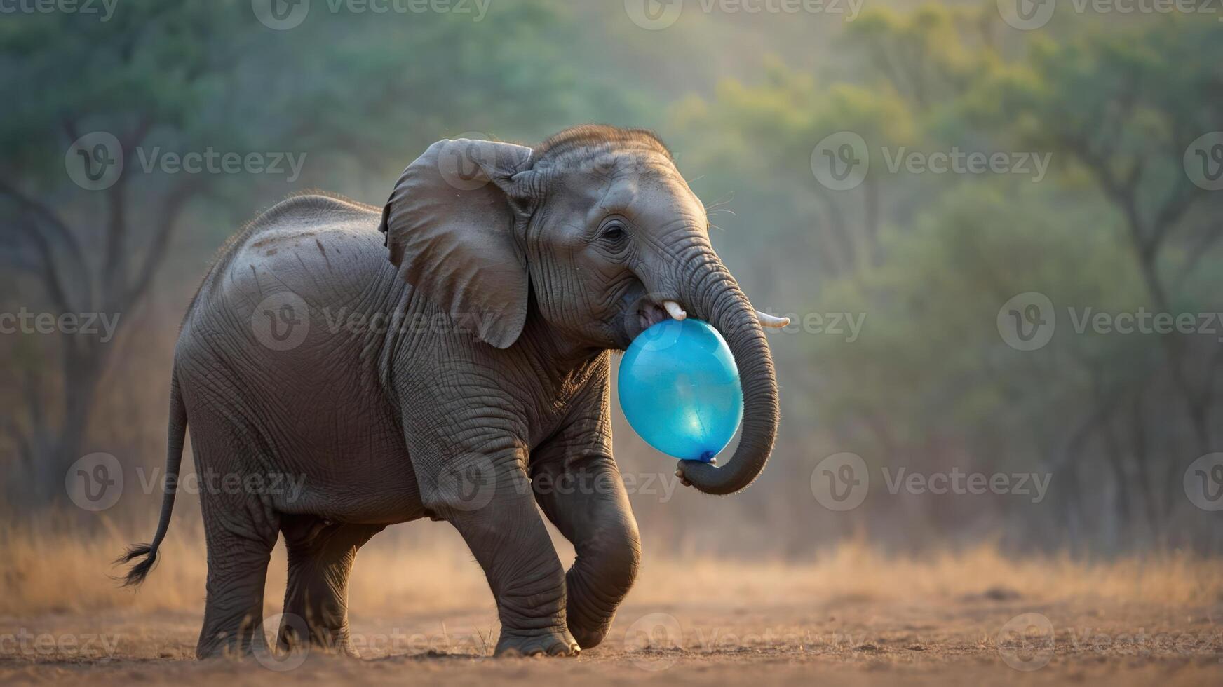 An elephant playfully carrying a blue balloon in a natural setting. photo