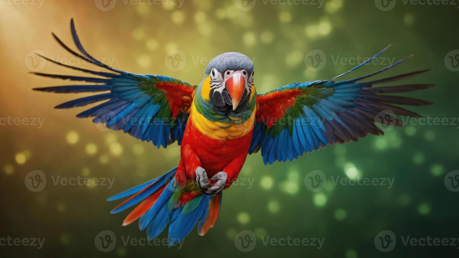 A vibrant parrot in flight, showcasing its colorful feathers against a blurred background. photo
