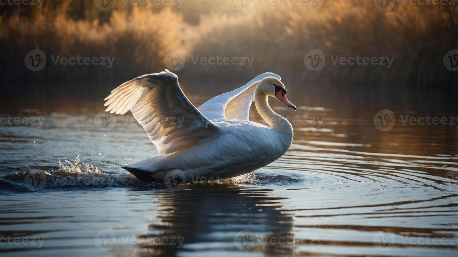 A graceful swan glides across a tranquil water surface, wings outstretched in the sunlight. photo