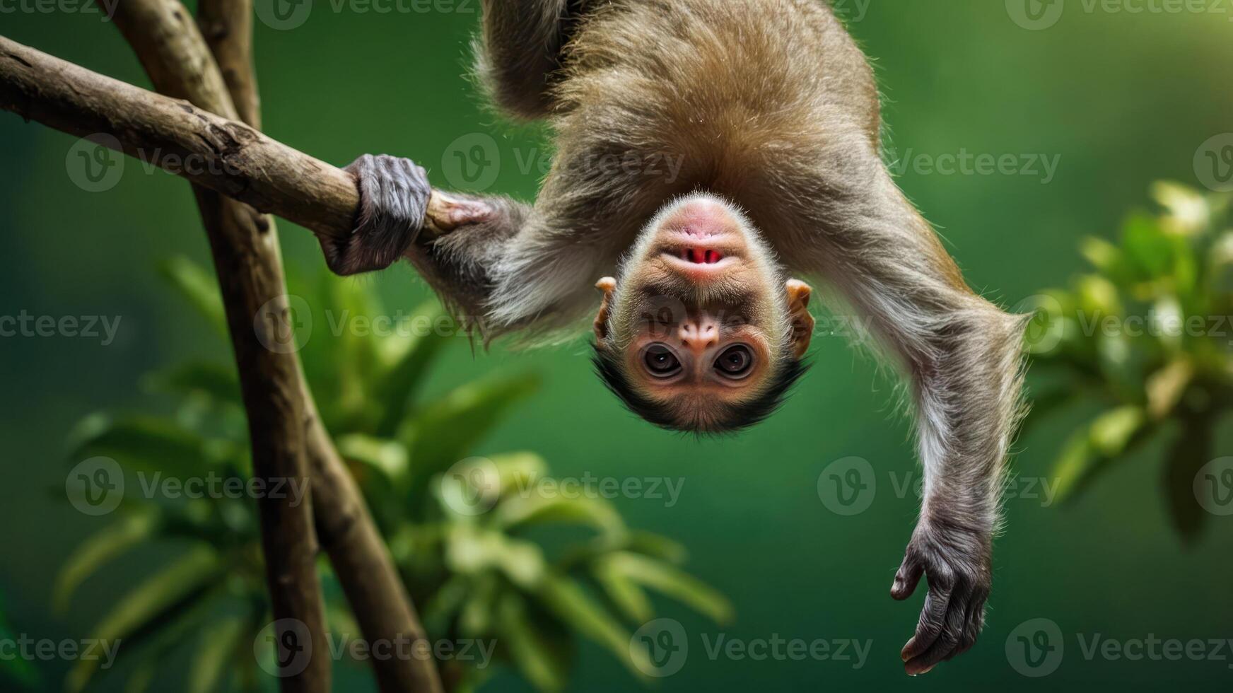 A monkey hanging upside down from a branch in a lush green environment. photo