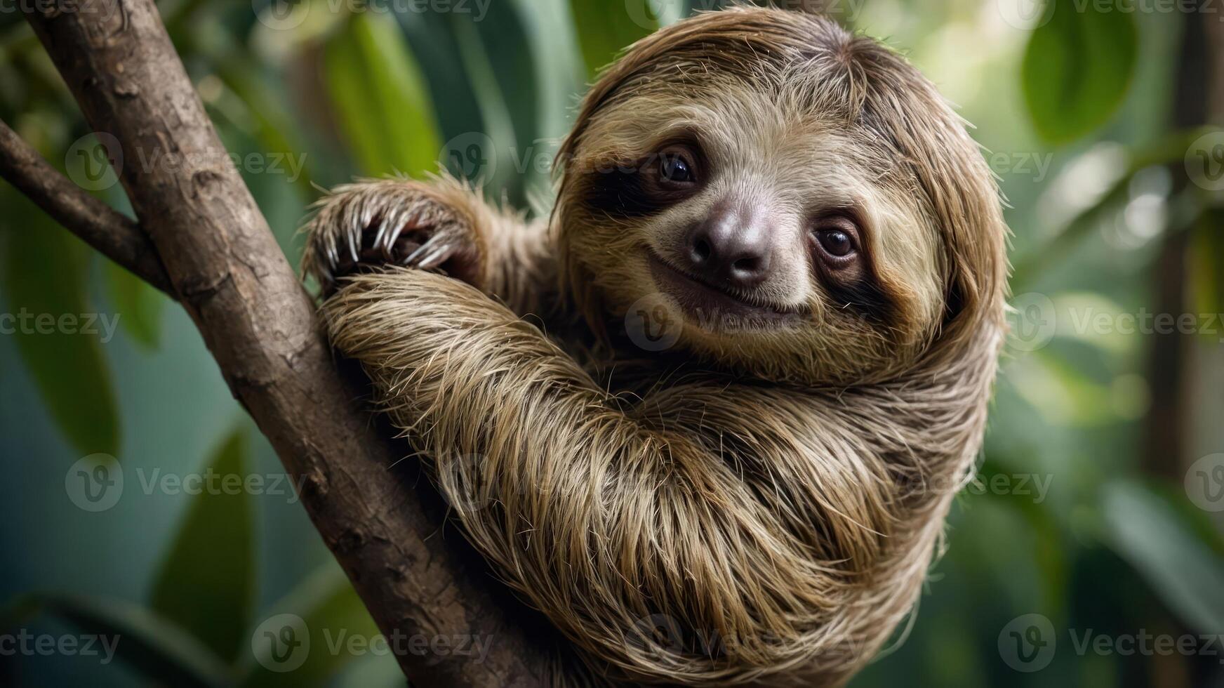 A sloth clings to a tree branch, showcasing its cute and relaxed demeanor in a natural setting. photo