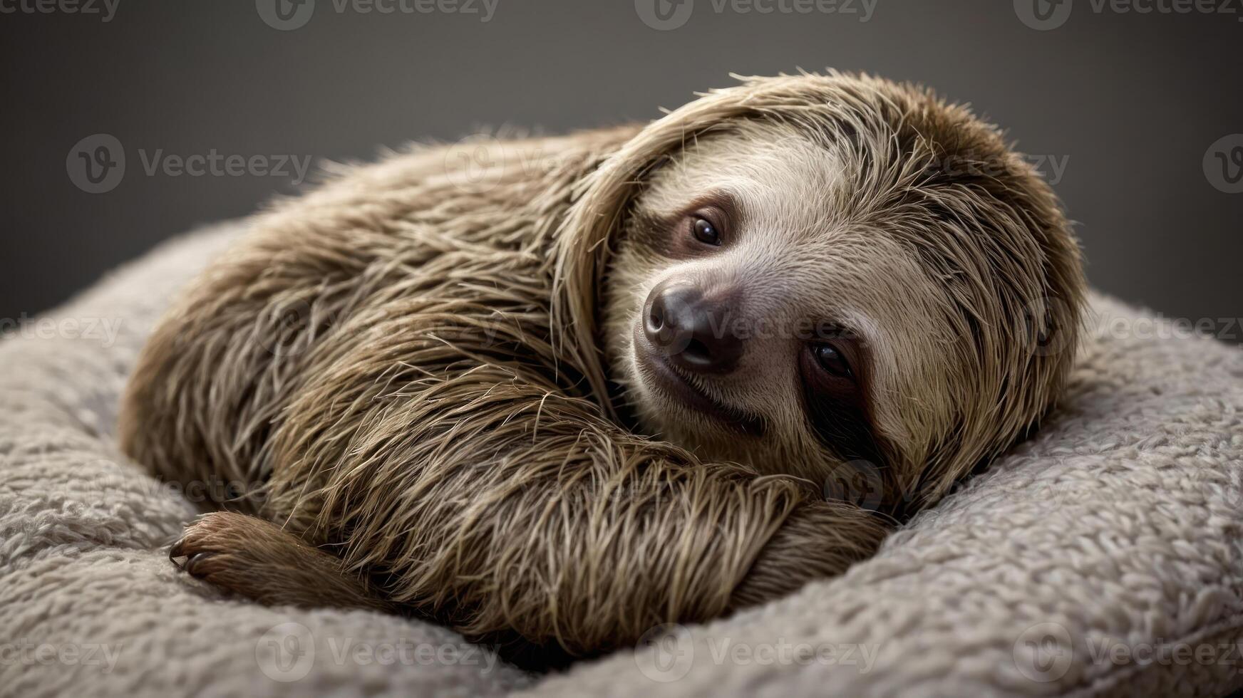 A cute sloth resting on a soft cushion, showcasing its relaxed demeanor. photo