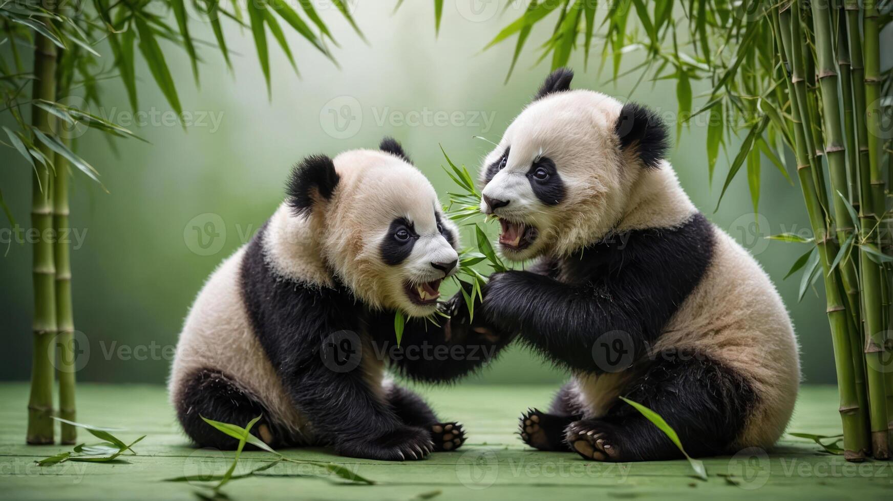 Two playful panda cubs interacting with bamboo in a lush green setting. photo
