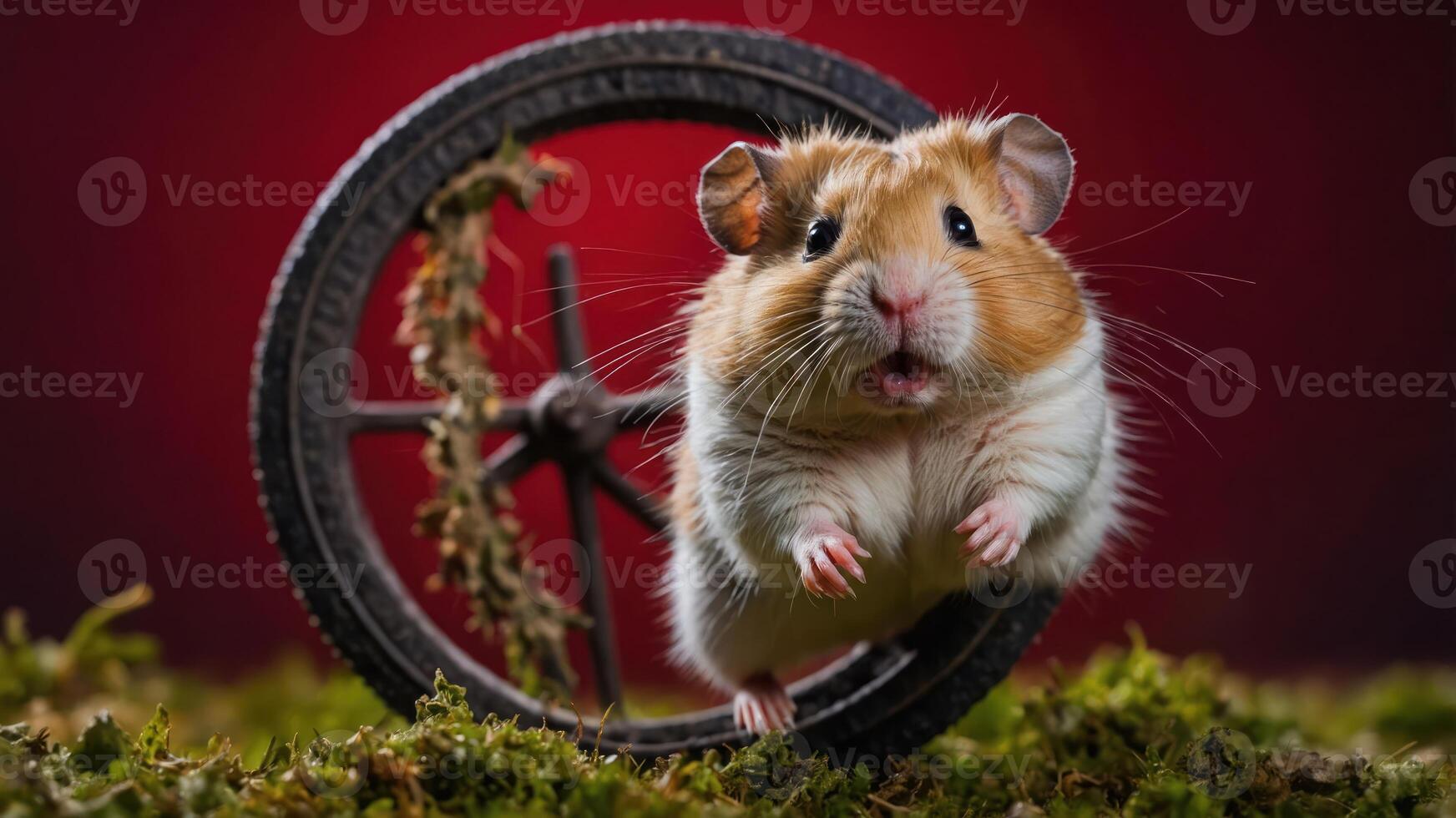 A cute hamster is leaping in front of a wheel, set against a vibrant red background. photo