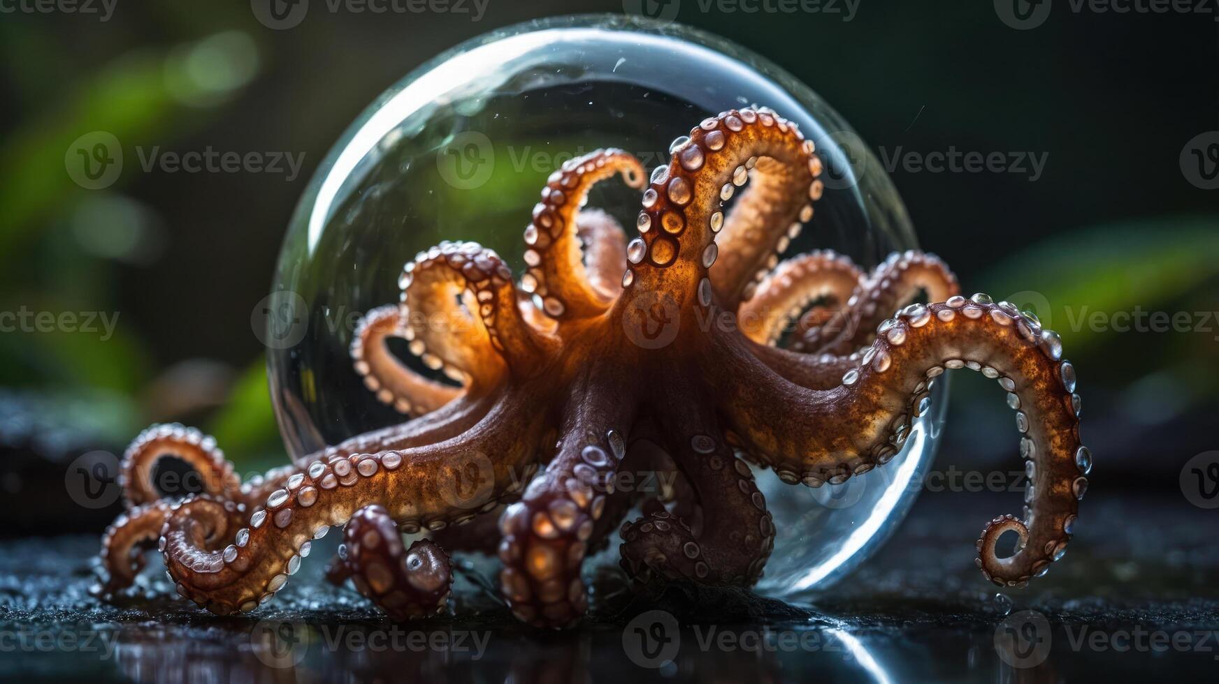 An octopus inside a transparent sphere, showcasing its intricate tentacles and vibrant colors. photo