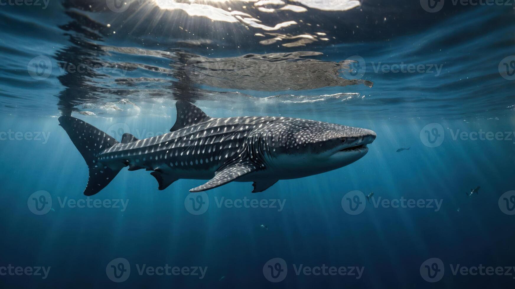 A majestic whale shark swimming gracefully in clear blue waters, illuminated by sunlight. photo
