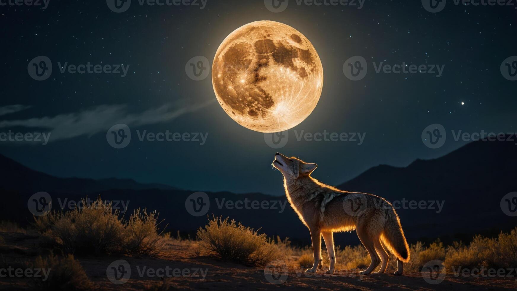 A coyote howls at a large, luminous moon in a serene night landscape. photo