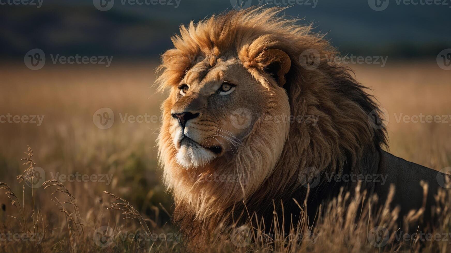 A majestic lion resting in a grassy landscape, showcasing its powerful presence. photo