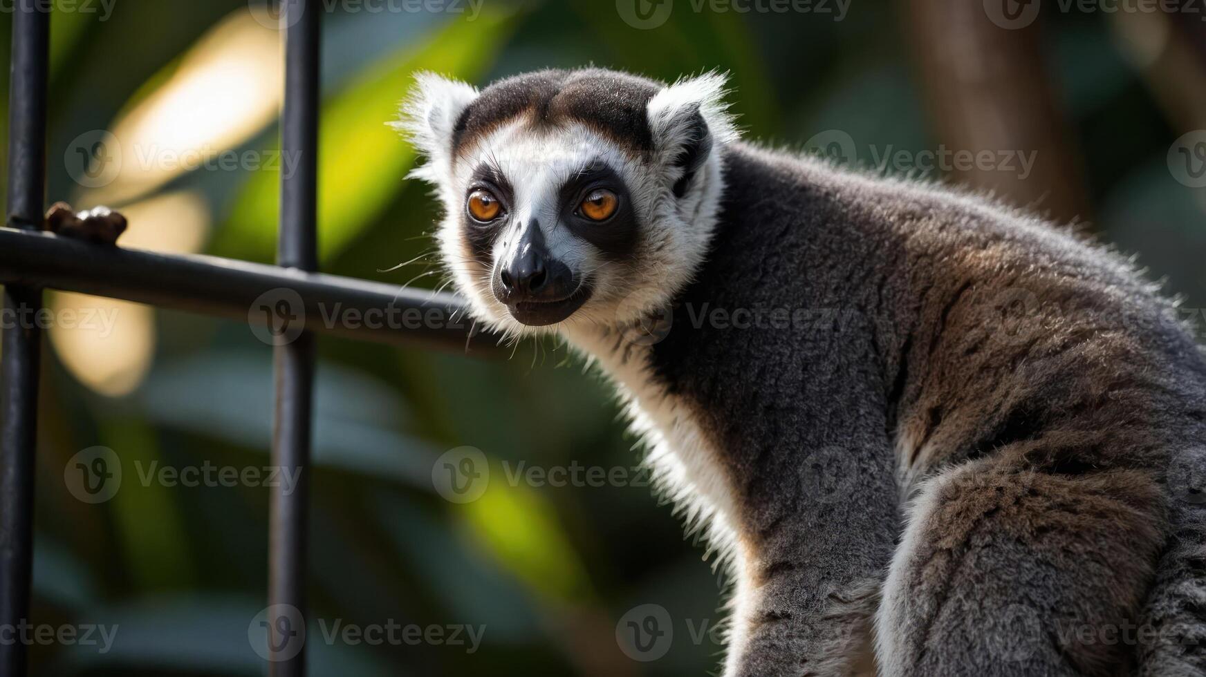 A close-up of a lemur with striking eyes, set against a blurred green background. photo
