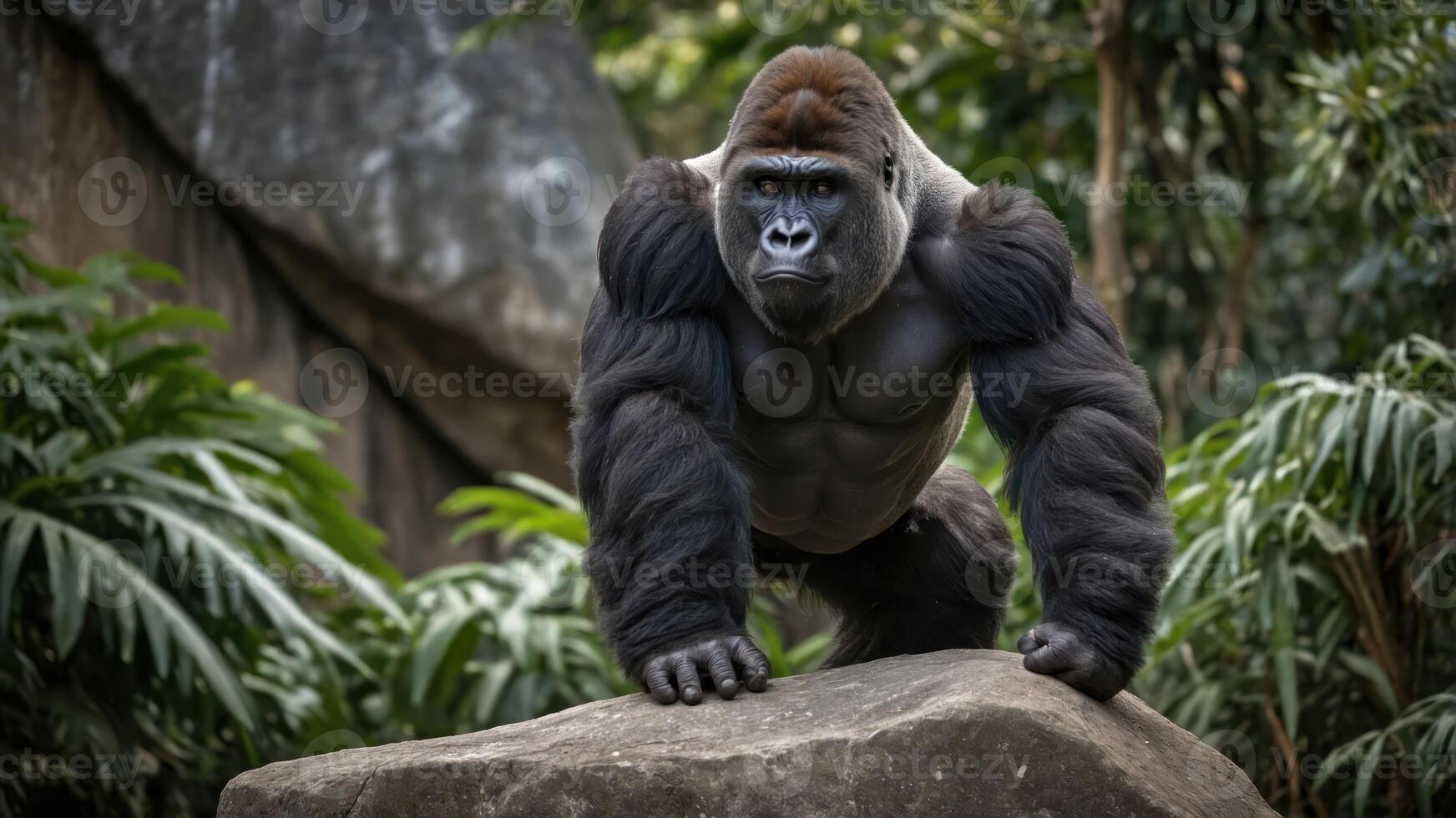 A powerful gorilla poses on a rock amidst lush greenery in a natural habitat. photo