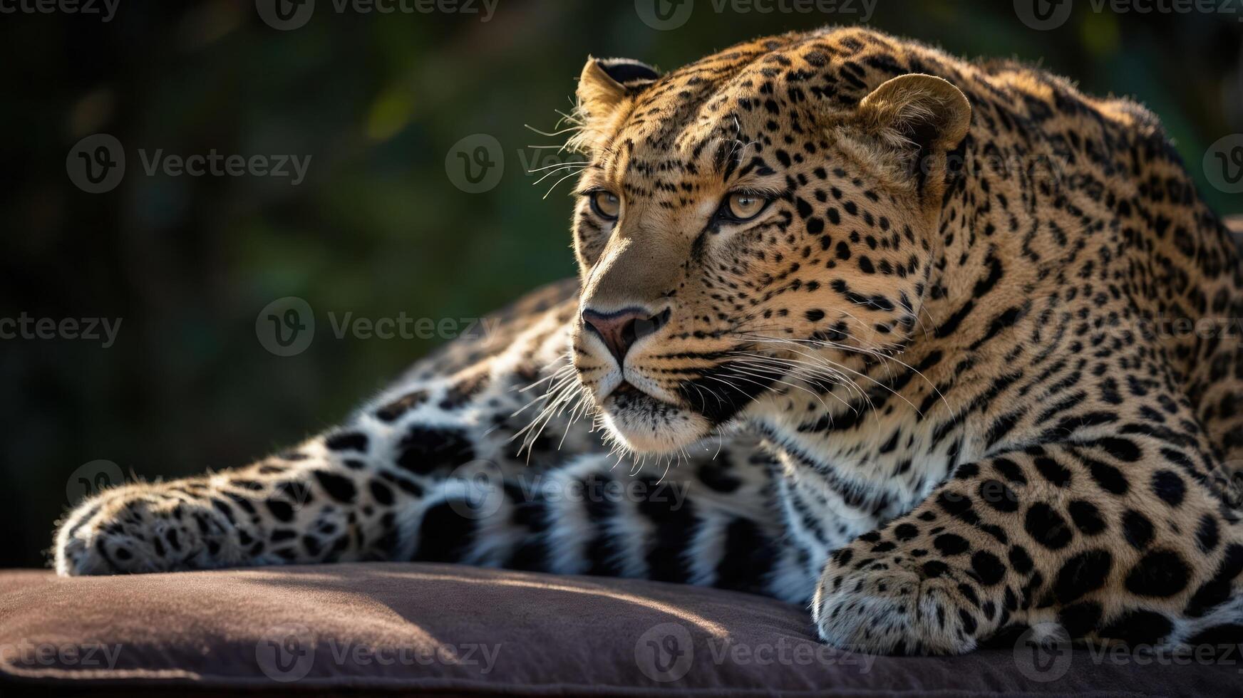 A close-up of a leopard resting, showcasing its distinctive spots and focused expression. photo