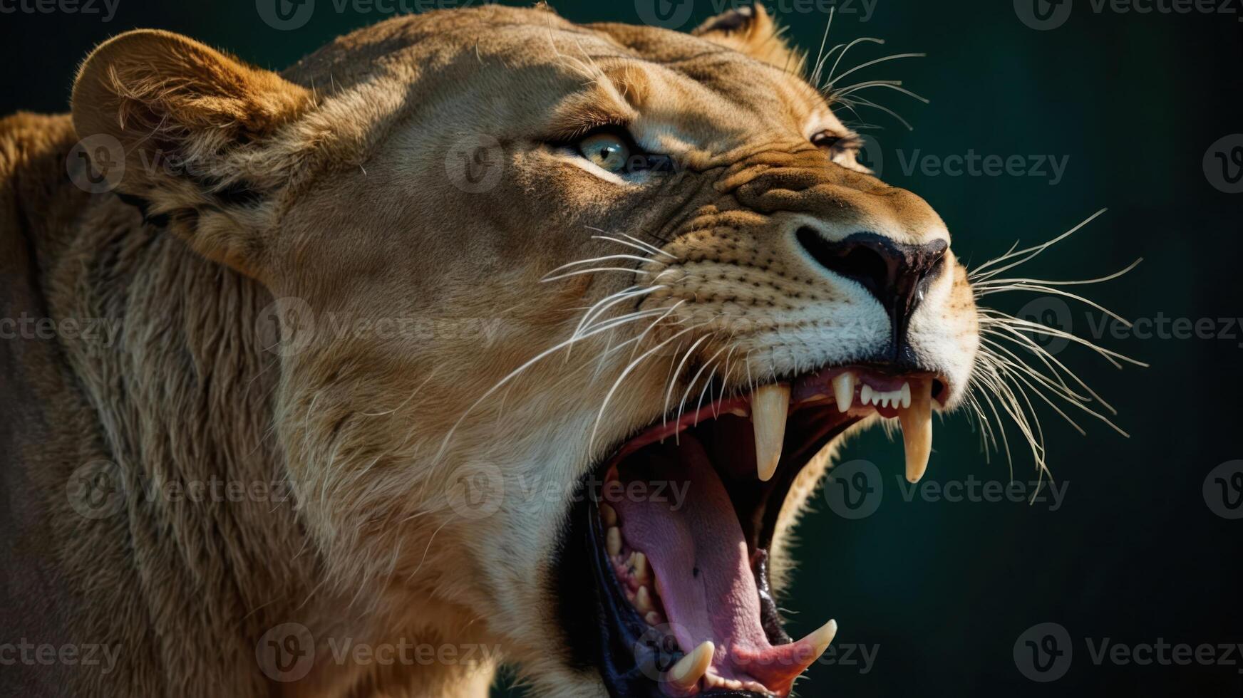 A close-up of a roaring lioness showcasing its fierce expression and sharp teeth. photo