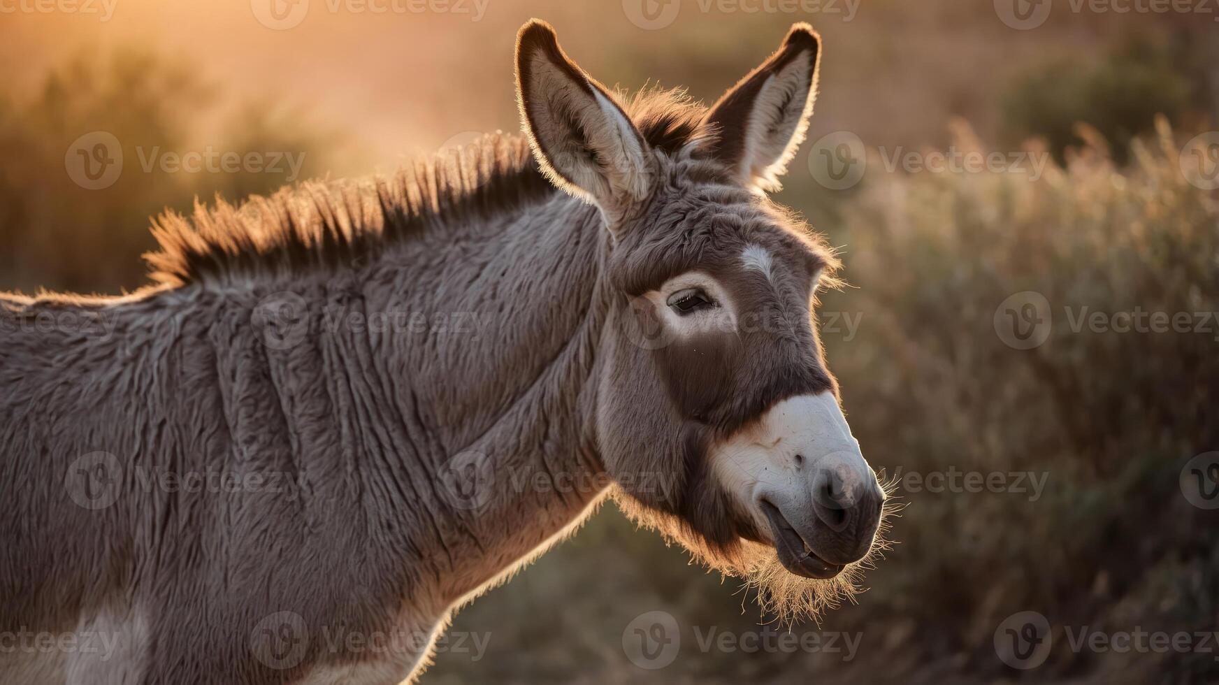 A close-up of a donkey with warm sunlight illuminating its fur in a natural setting. photo