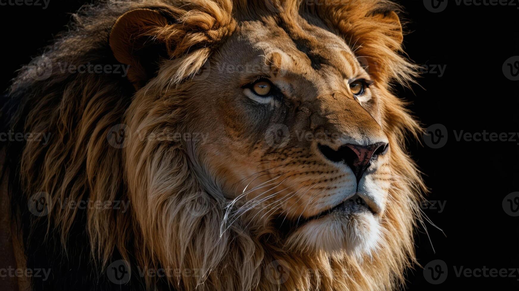 A close-up portrait of a majestic lion showcasing its detailed fur and expressive eyes. photo