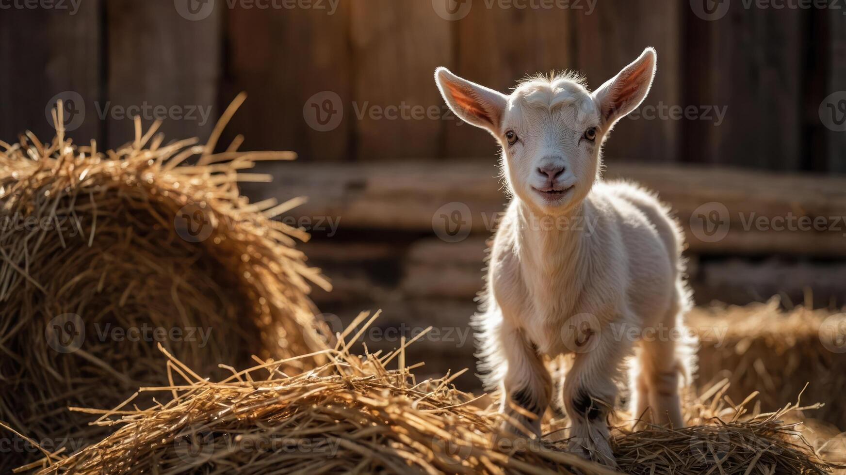 A playful young goat stands on straw bales in a rustic setting, showcasing farm life. photo