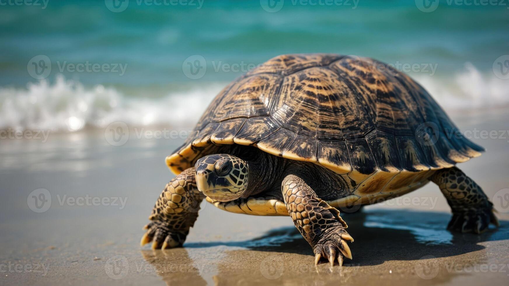 A turtle walking along the shoreline with gentle waves in the background. photo