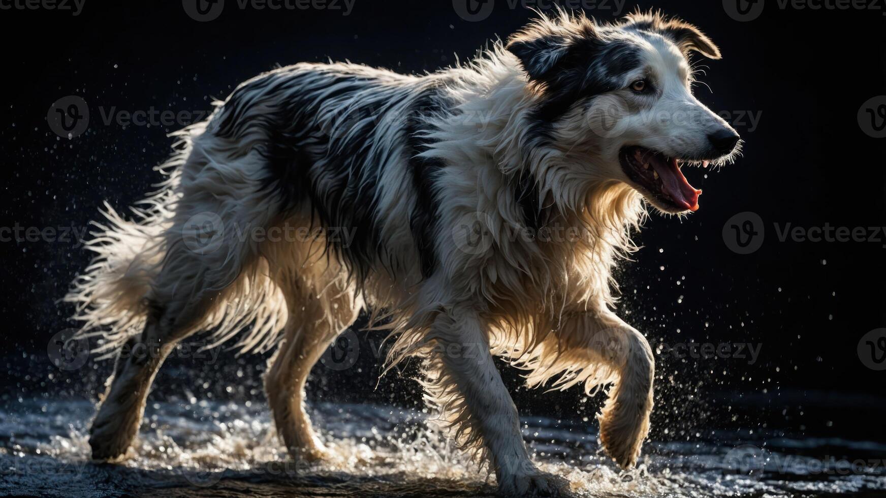 A border collie joyfully runs through water, creating splashes against a dark background. photo