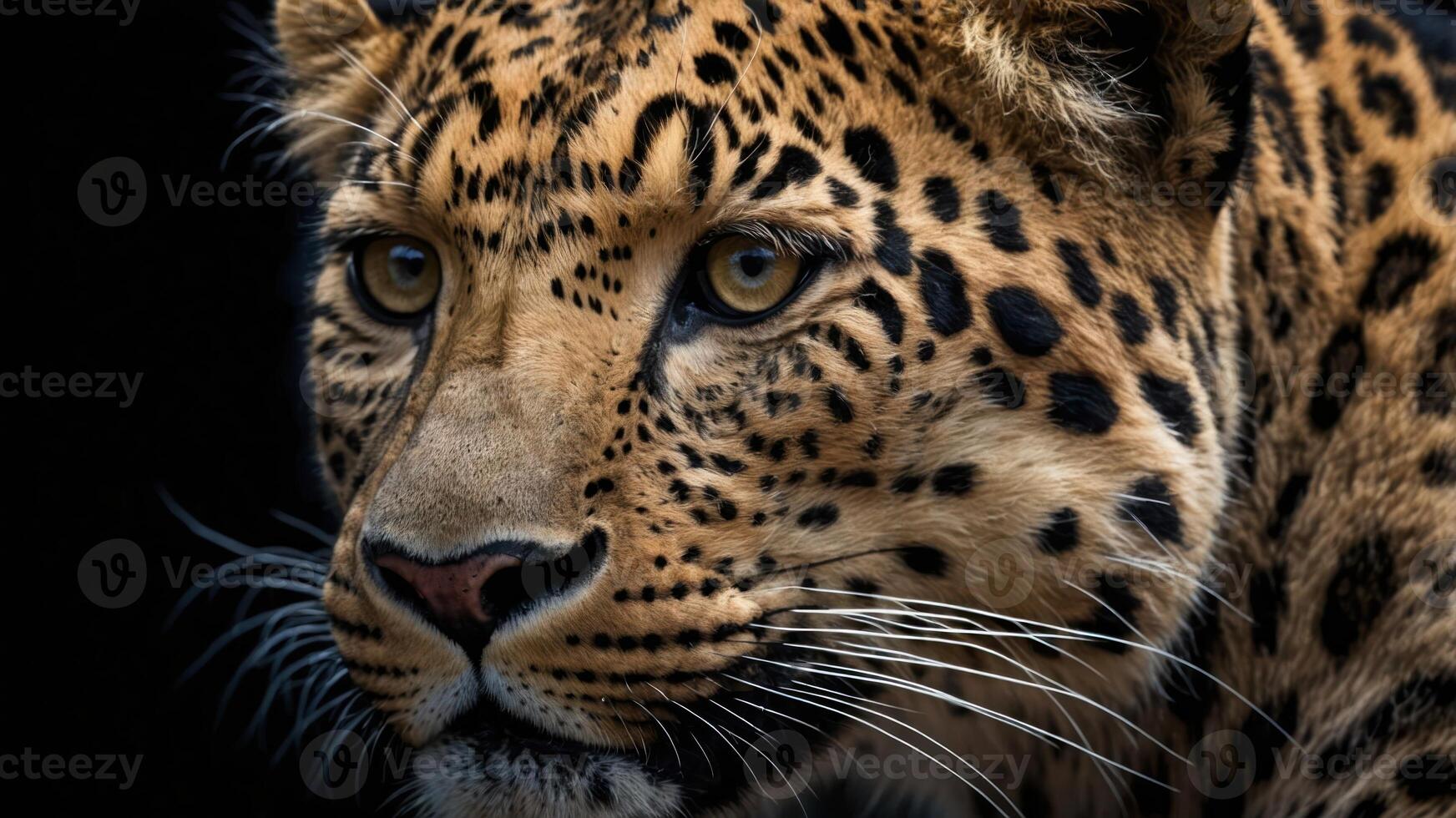 Close-up of a leopard's face, showcasing its distinctive spots and intense gaze. photo