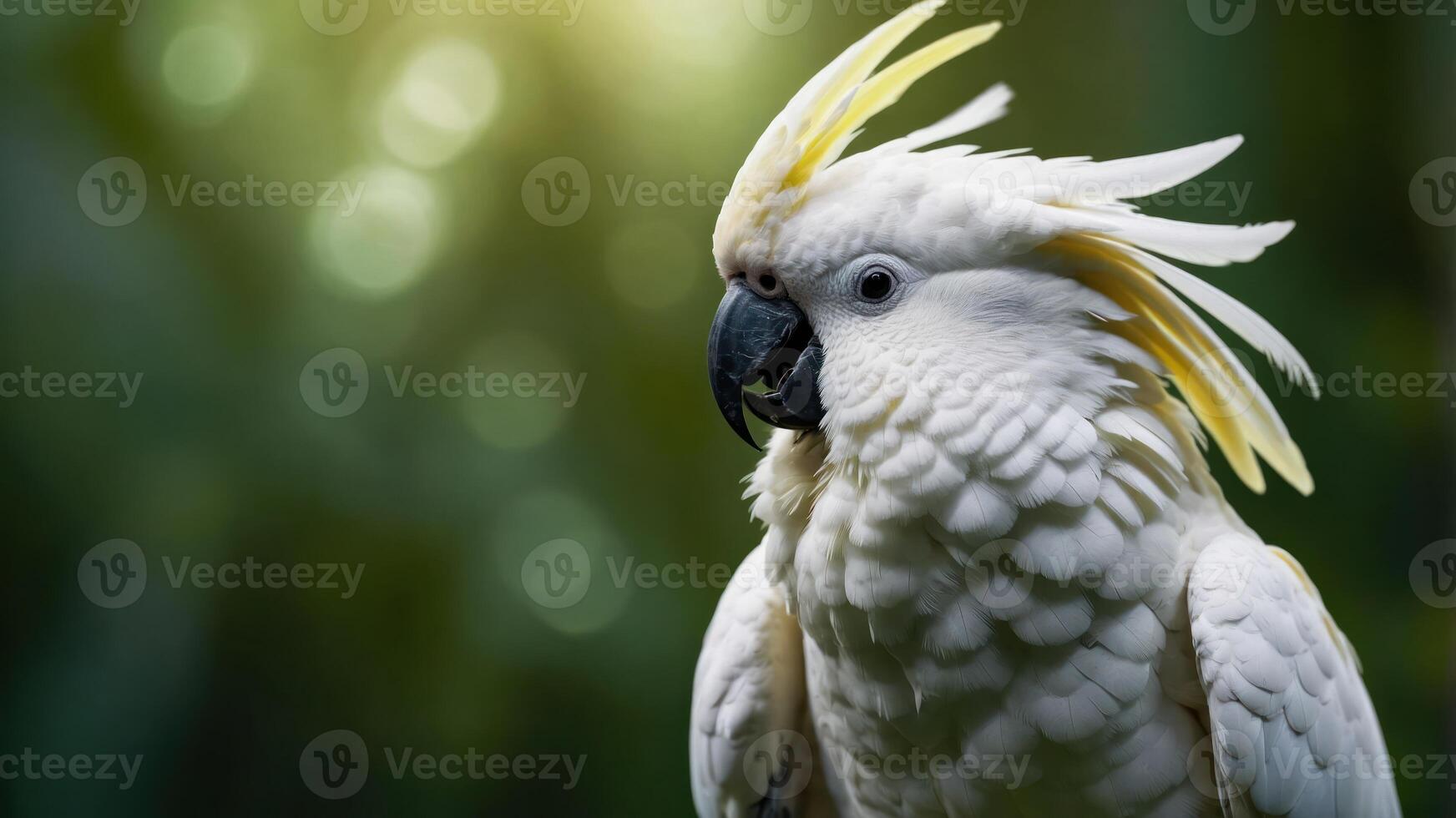 A close-up of a white cockatoo with a striking yellow crest against a blurred green background. photo