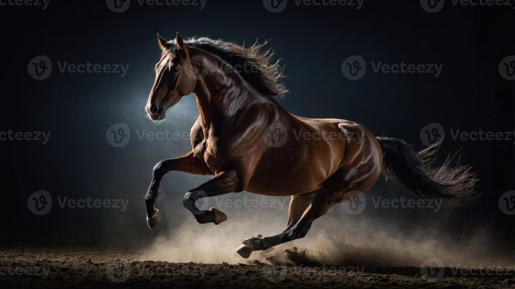 A powerful horse galloping in a dramatic, illuminated setting, showcasing its strength and grace. photo