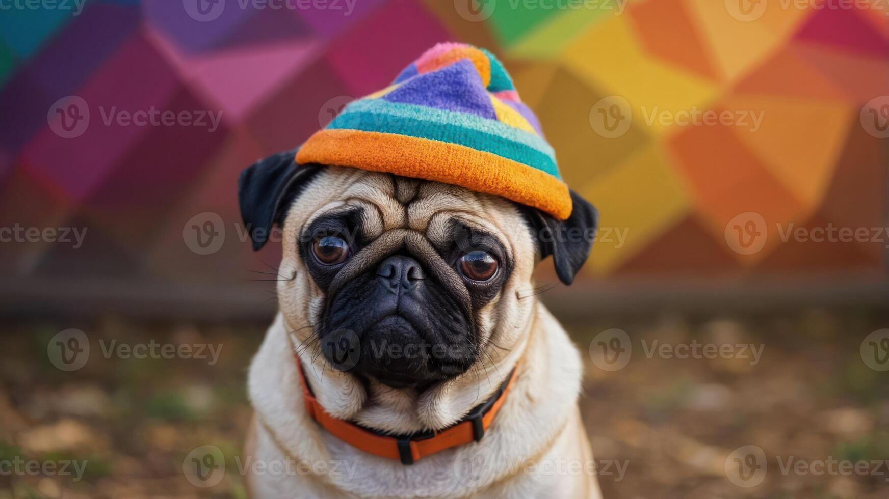 A pug wearing a colorful hat poses against a vibrant geometric background. photo