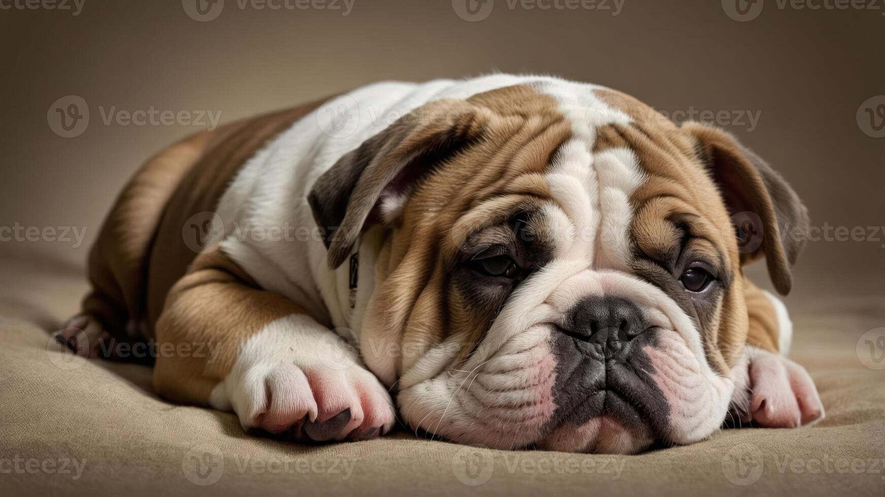 A close-up of a sad-looking bulldog puppy resting on a soft surface. photo