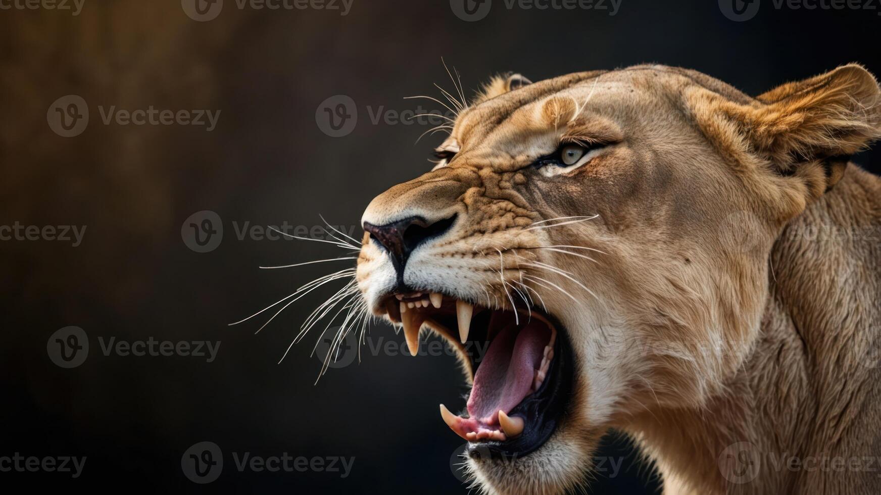 A fierce lioness roaring, showcasing its powerful presence and sharp teeth. photo
