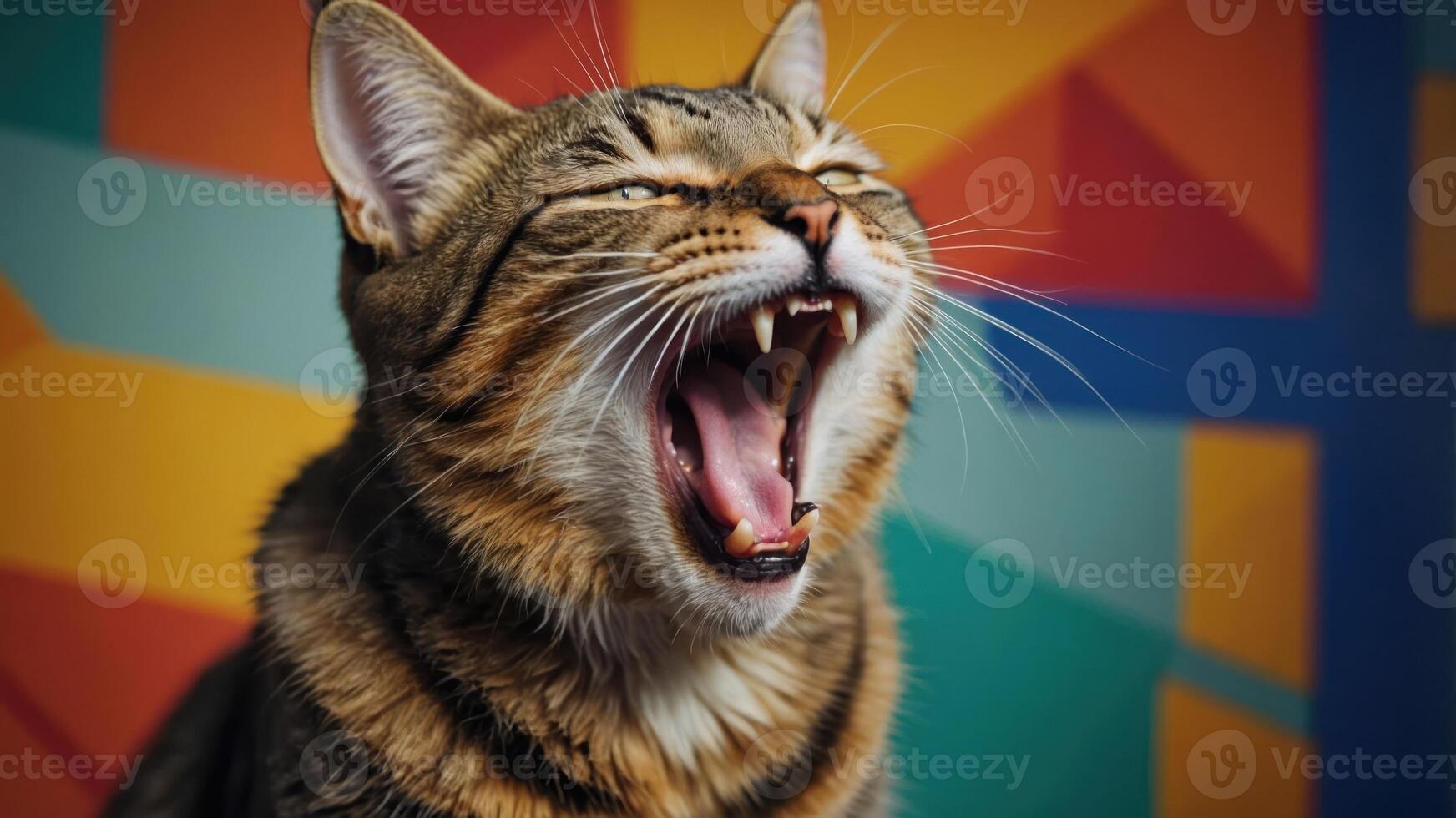 A close-up of a cat yawning against a colorful geometric background. photo