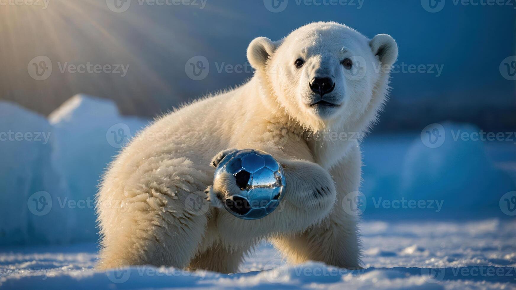 A playful polar bear holding a shiny soccer ball in a snowy landscape. photo