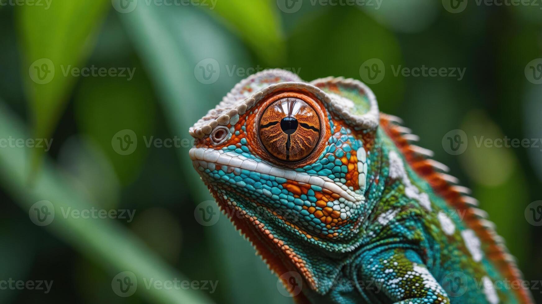 A close-up of a colorful chameleon displaying intricate patterns and textures. photo