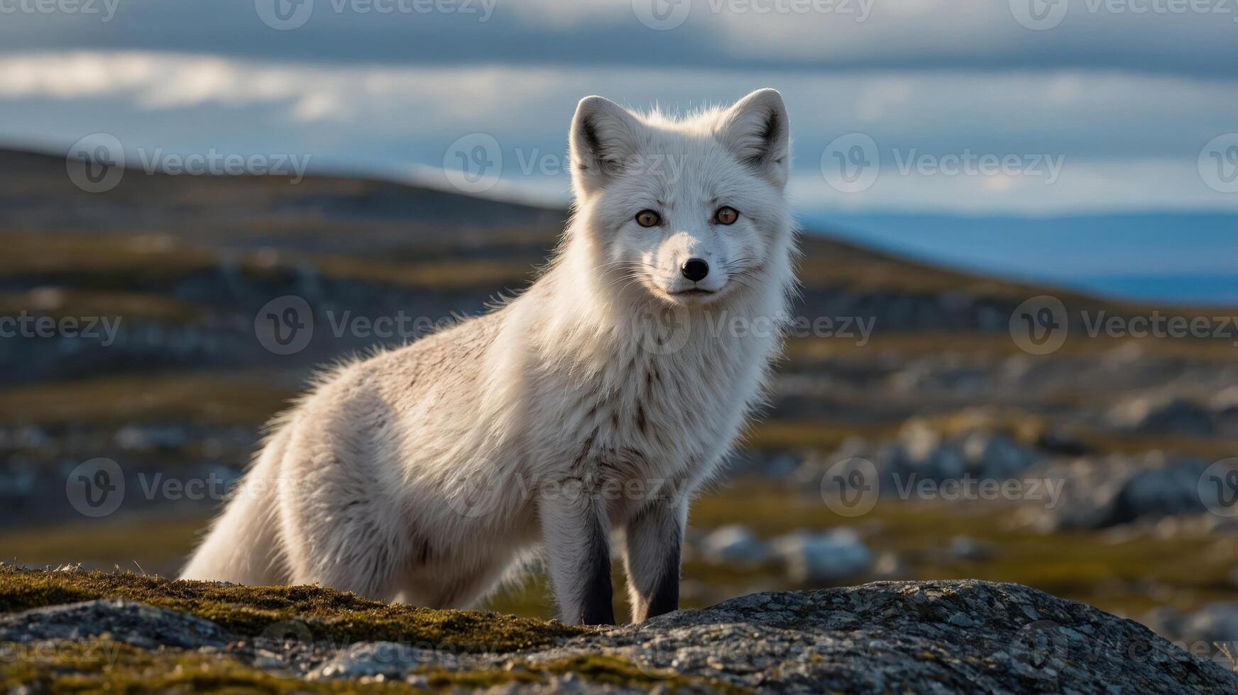 A majestic arctic fox stands on rocky terrain under a dramatic sky. photo