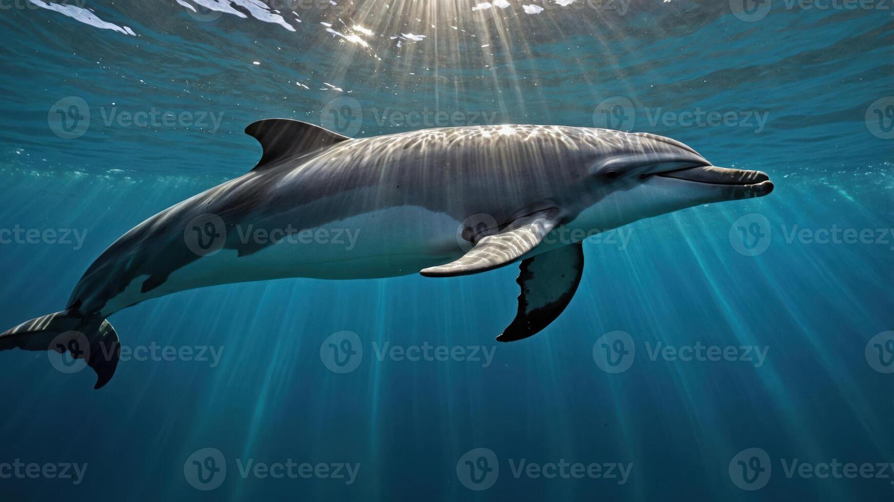A dolphin swimming gracefully underwater with sunlight rays illuminating the scene. photo