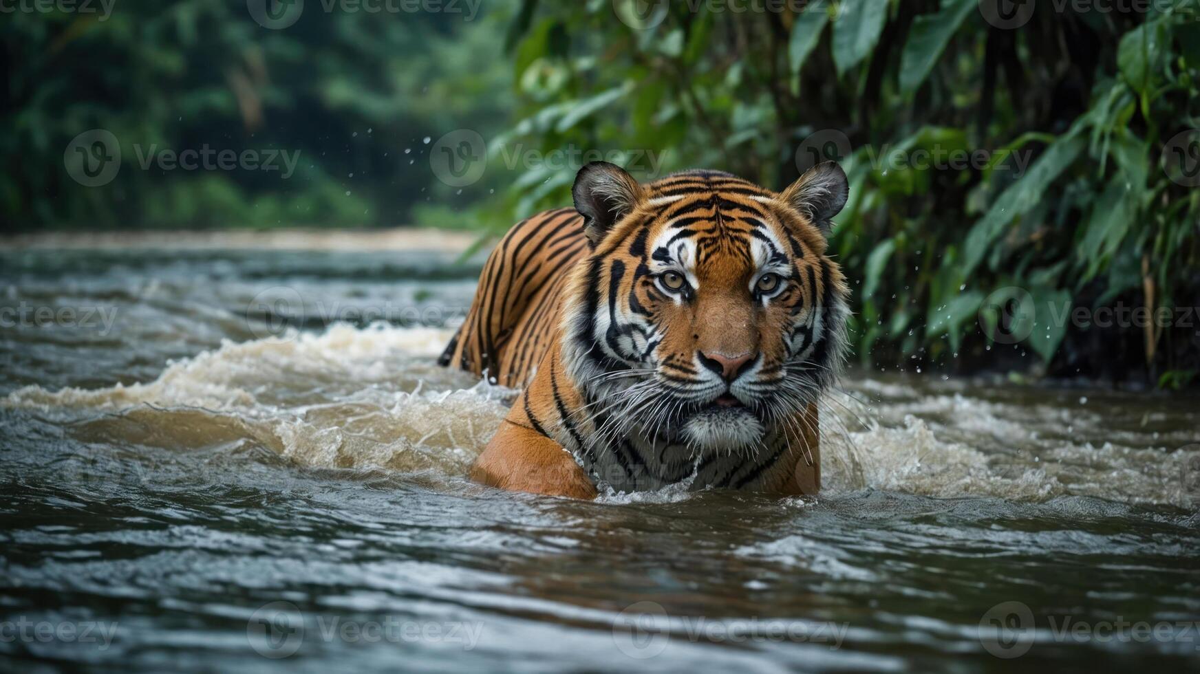 A tiger wades through a river, surrounded by lush greenery, showcasing its natural habitat. photo
