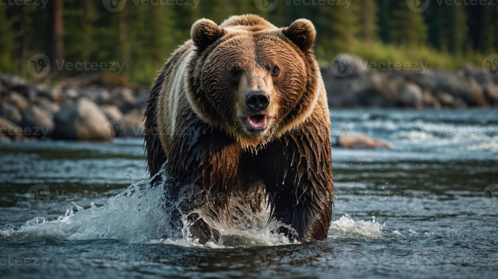 A grizzly bear wades through a river, showcasing its powerful presence in nature. photo