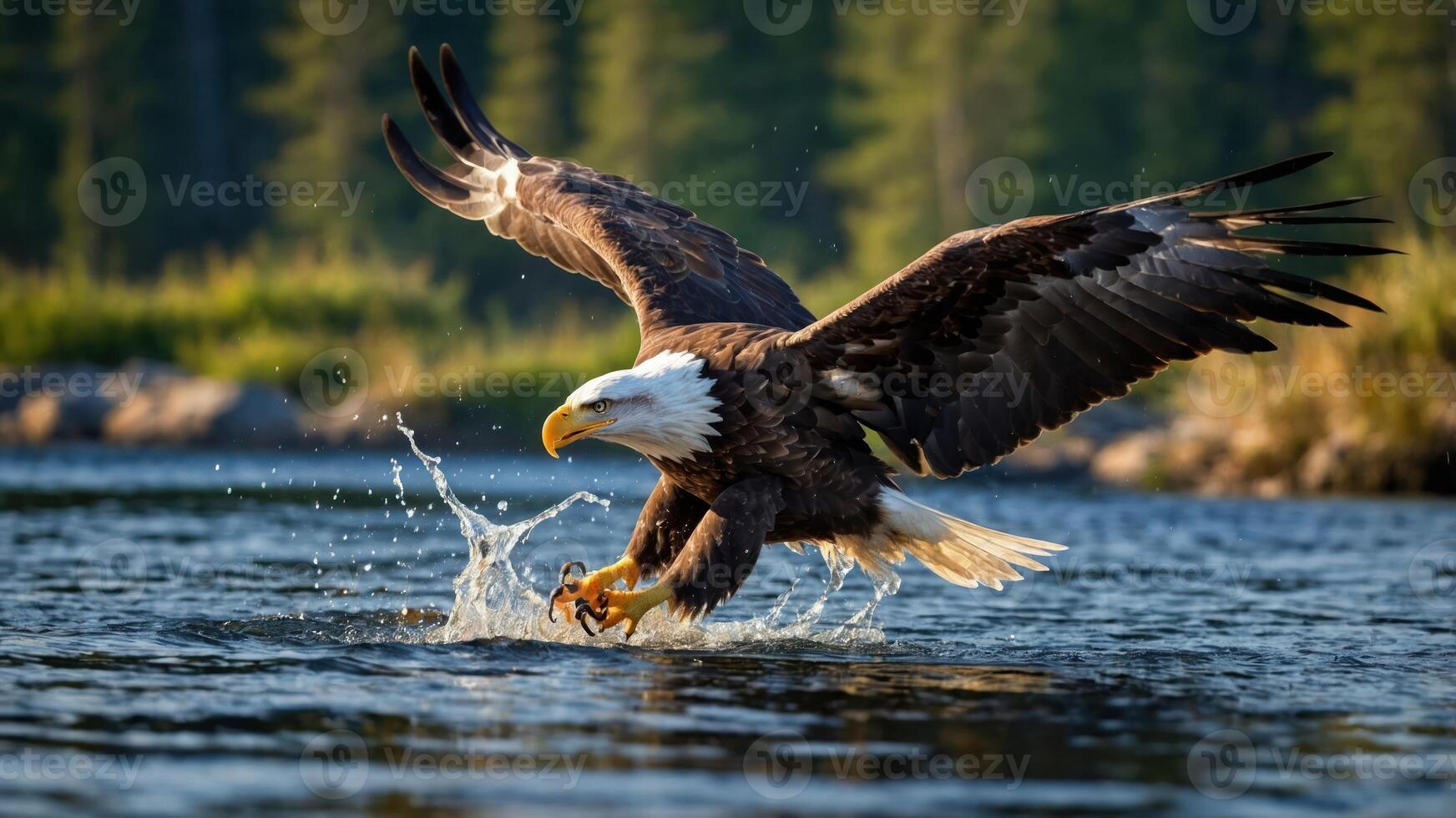 A bald eagle catching fish in a river, showcasing its hunting prowess in a natural setting. photo