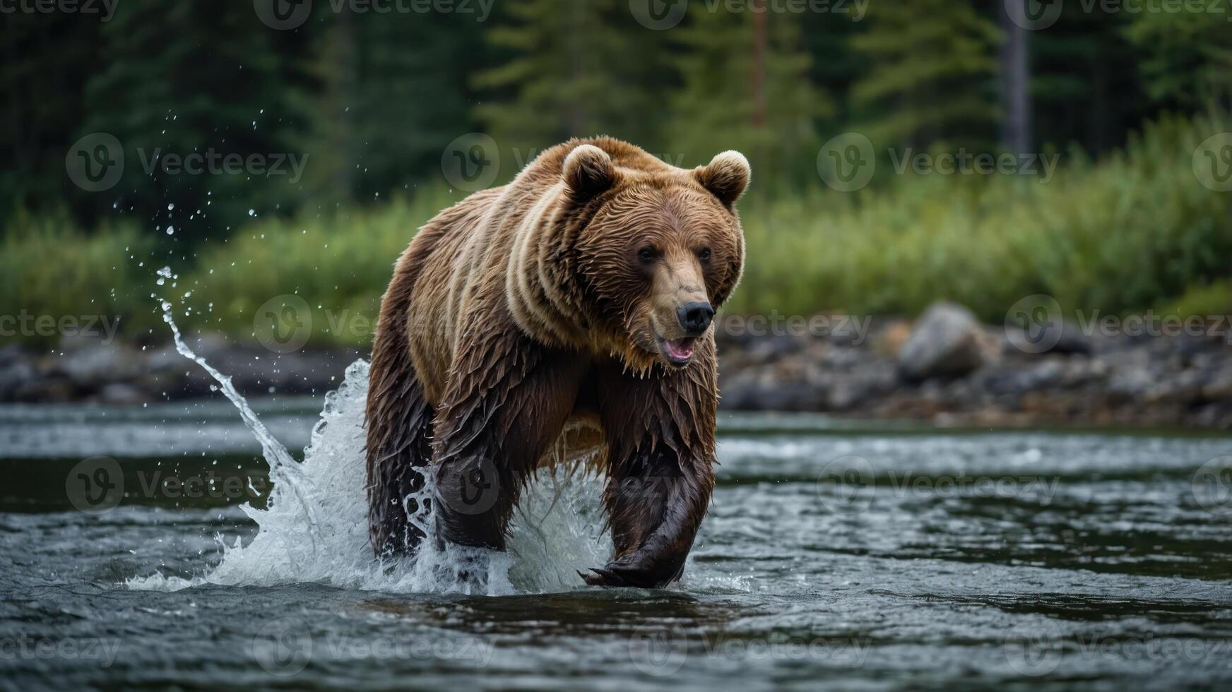 A grizzly bear wades through water, creating splashes amidst a forested backdrop. photo