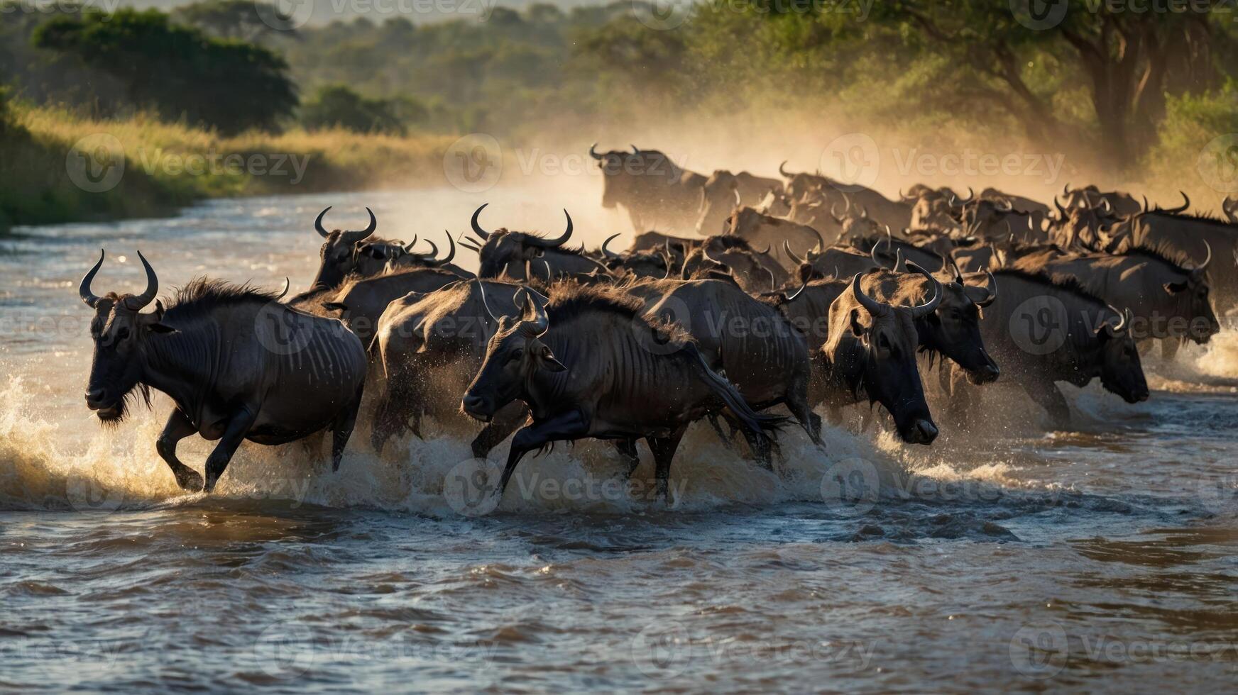 A herd of wildebeests crossing a river during migration, creating a dramatic scene. photo