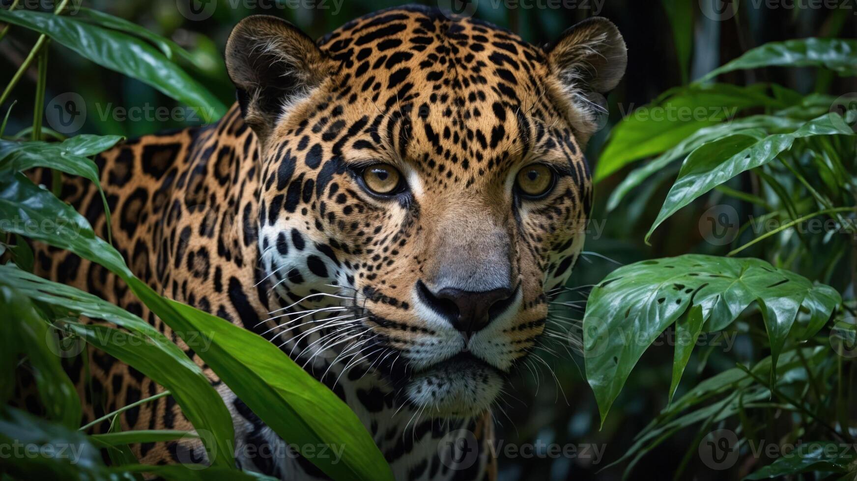 A close-up of a jaguar surrounded by lush green foliage, showcasing its striking features. photo