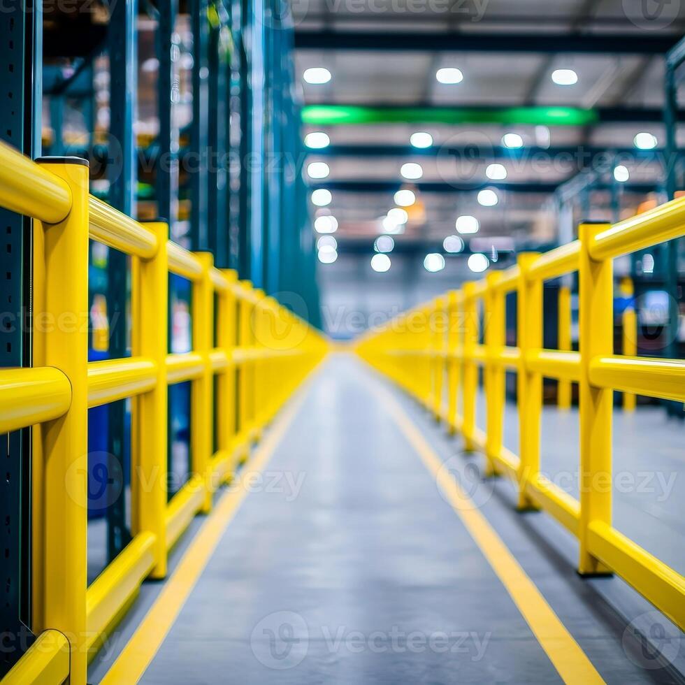A bright, organized warehouse interior featuring yellow safety rails and a clear pathway, ideal for efficient logistics and storage. photo