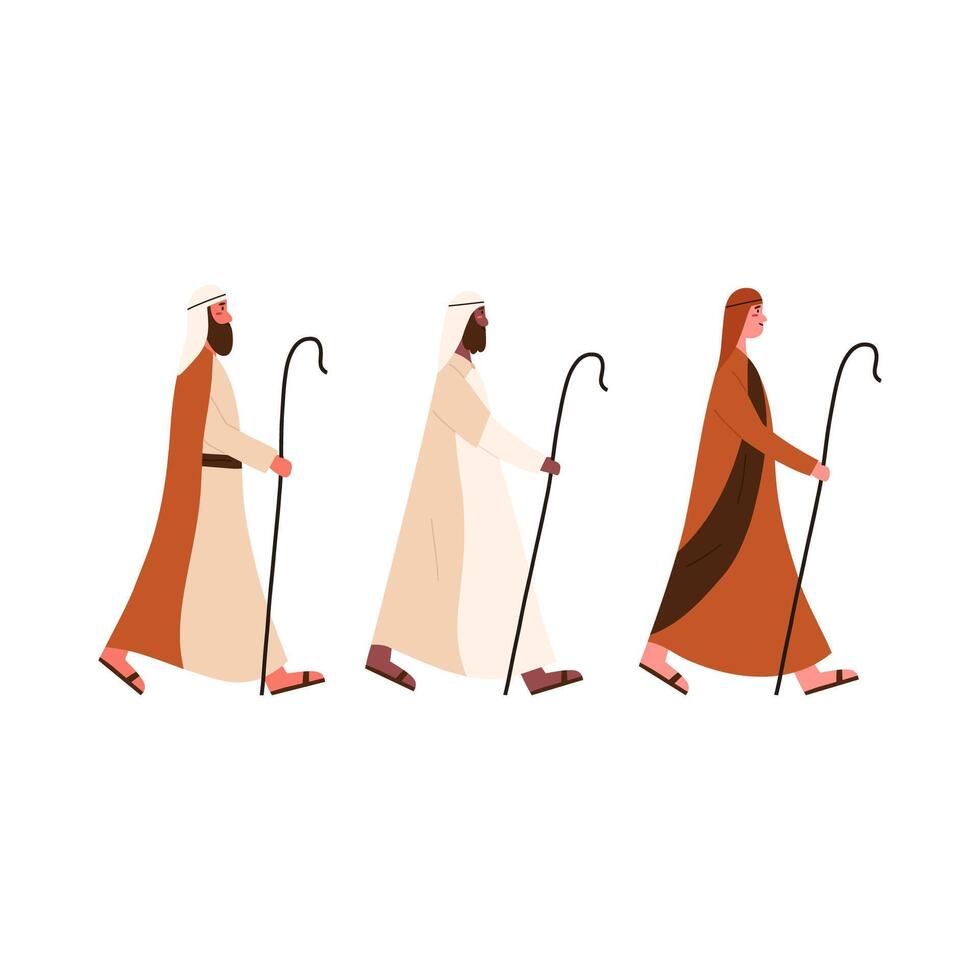 Three shepherds walking to Bethlehem, cartoon flat illustration isolated on white background. Christmas nativity scene design element. Christianity concept. vector