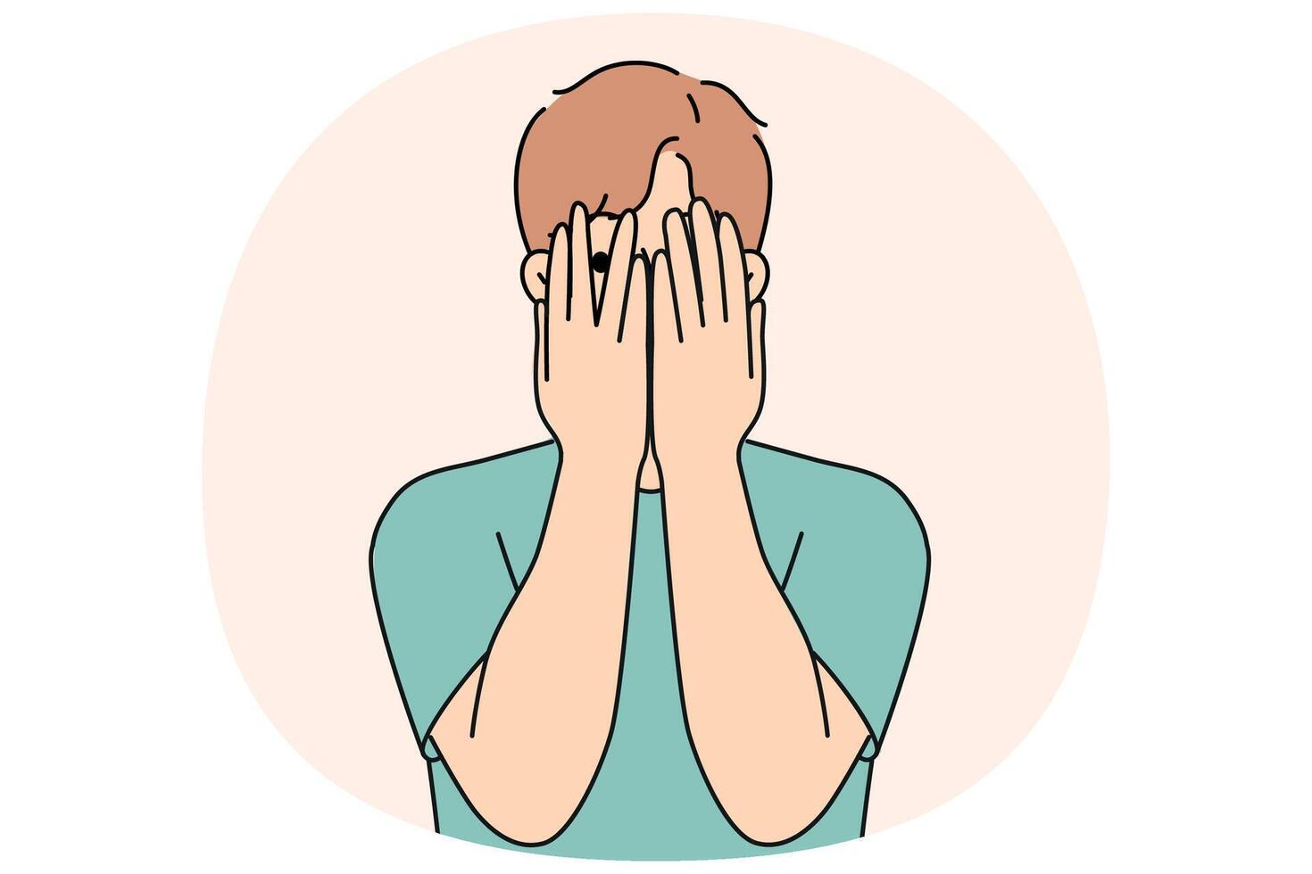 Man closes eyes with hands and peeps, feeling excited in anticipation of surprise or panic vector