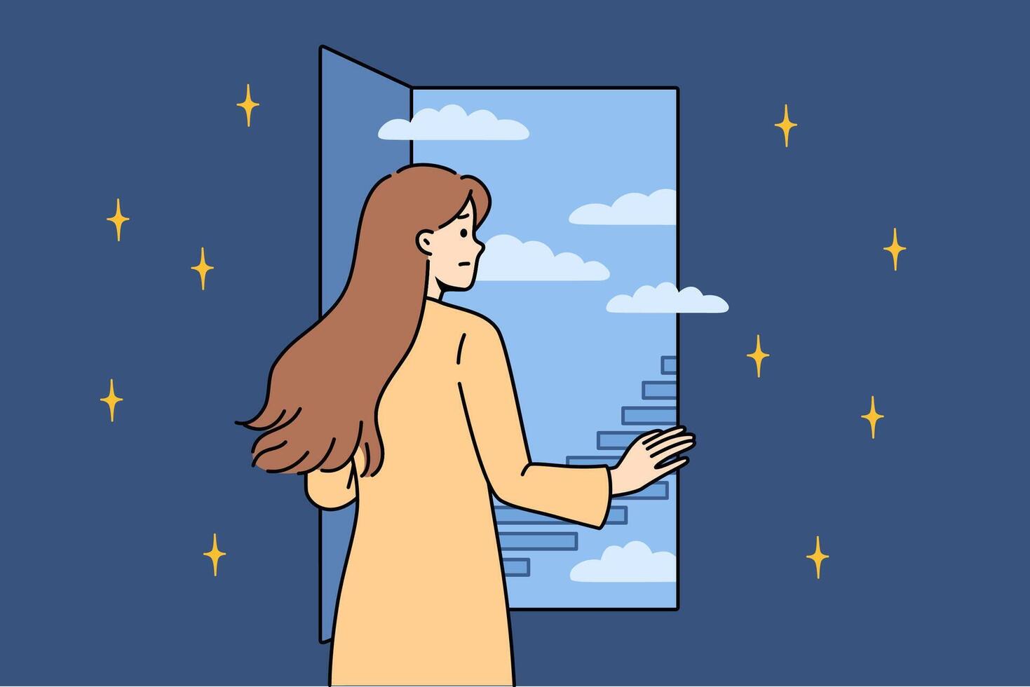 Woman experiences fear future seeing at bright staircase in sky and is afraid to come out darkness vector