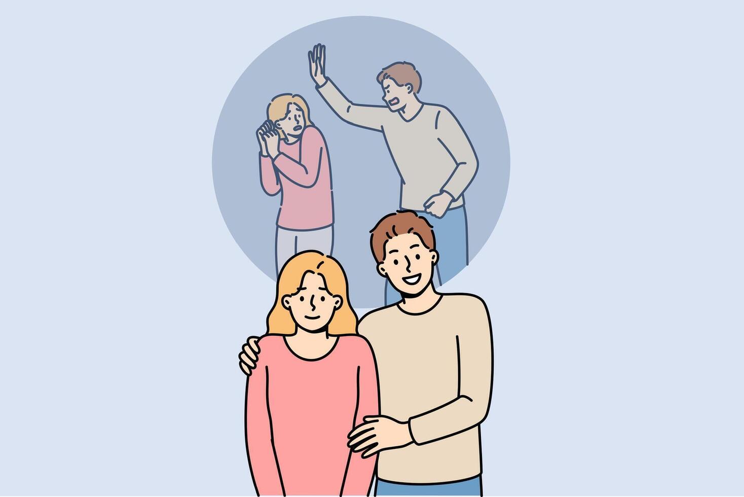 Problem of domestic violence is hidden by man aggressor and woman victim smiling in public vector