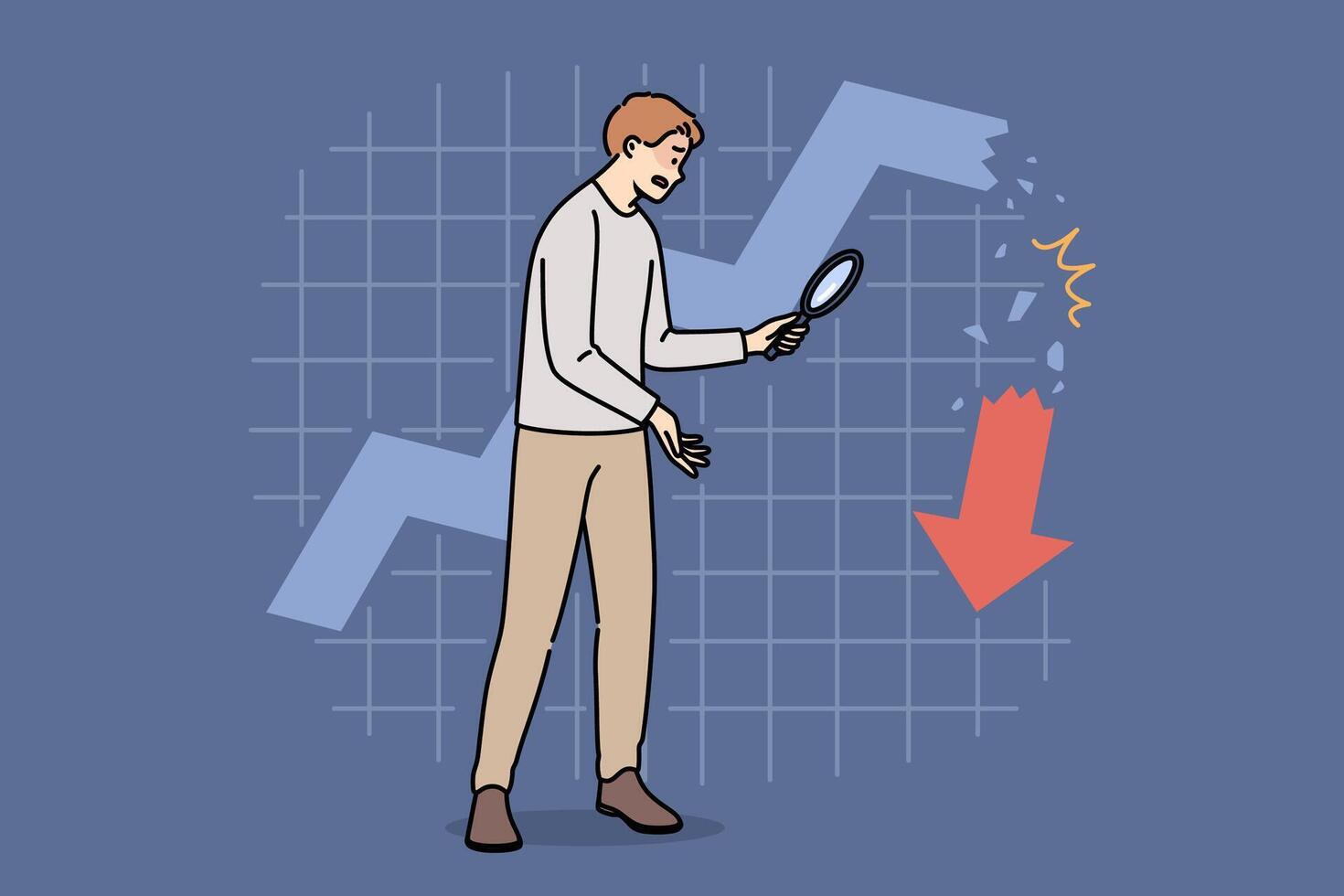 Collapse of stock market is seen by man invested money, standing near collapsing financial chart vector